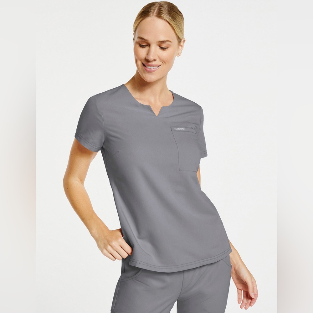 Jaanuu XS Women’s 3-Pocket Notched Scrub Top Light Gray